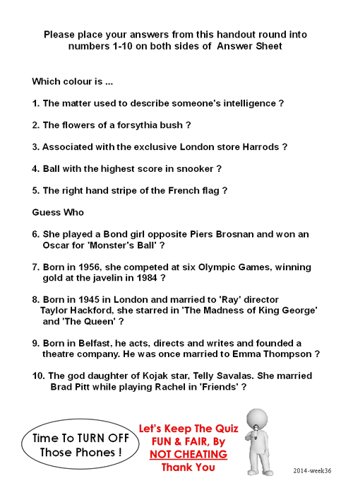 Product picture Pub Handout Quiz - Year 2014: Week 36